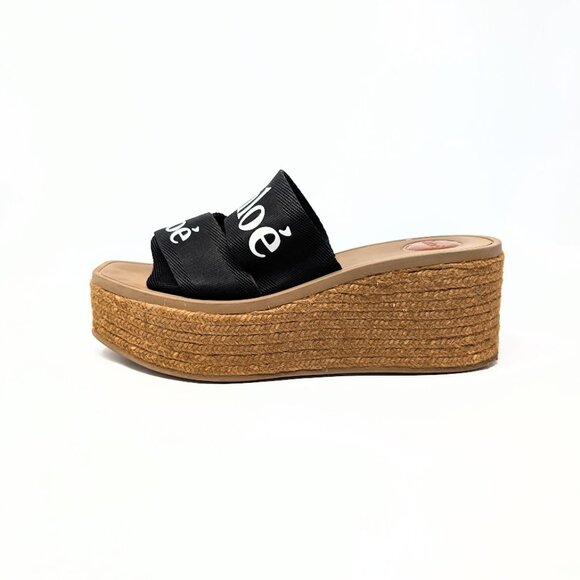 CHLOÉ Woody Wedge Espadrille Platform Sandal Black Canvas Logo Strap EU 41 US 11 - Picture 2 of 9